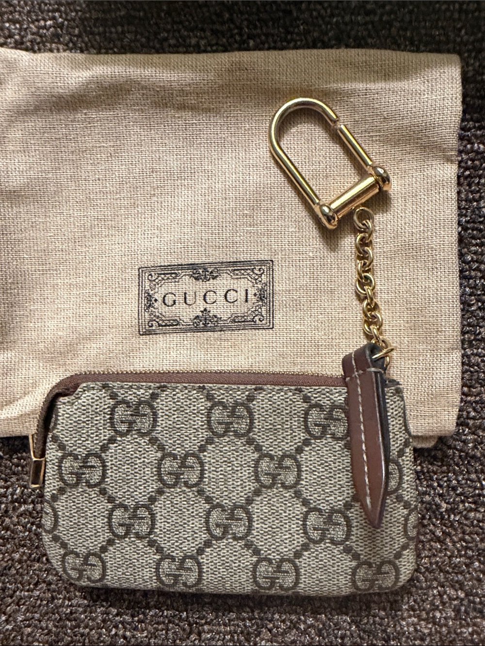 Gucci Beige Brown GG Canvas Key & Card Holder with Gold Hardware